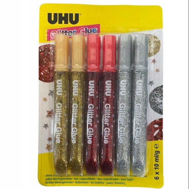 UHU Glitter Glue Red Gold Silver 6×10ml Pack