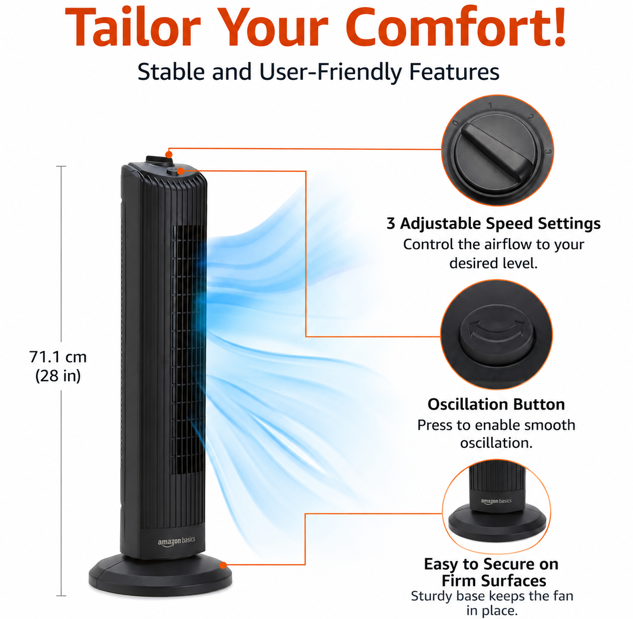 Amazon Basics Oscillating Tower Fan - 3 Speeds