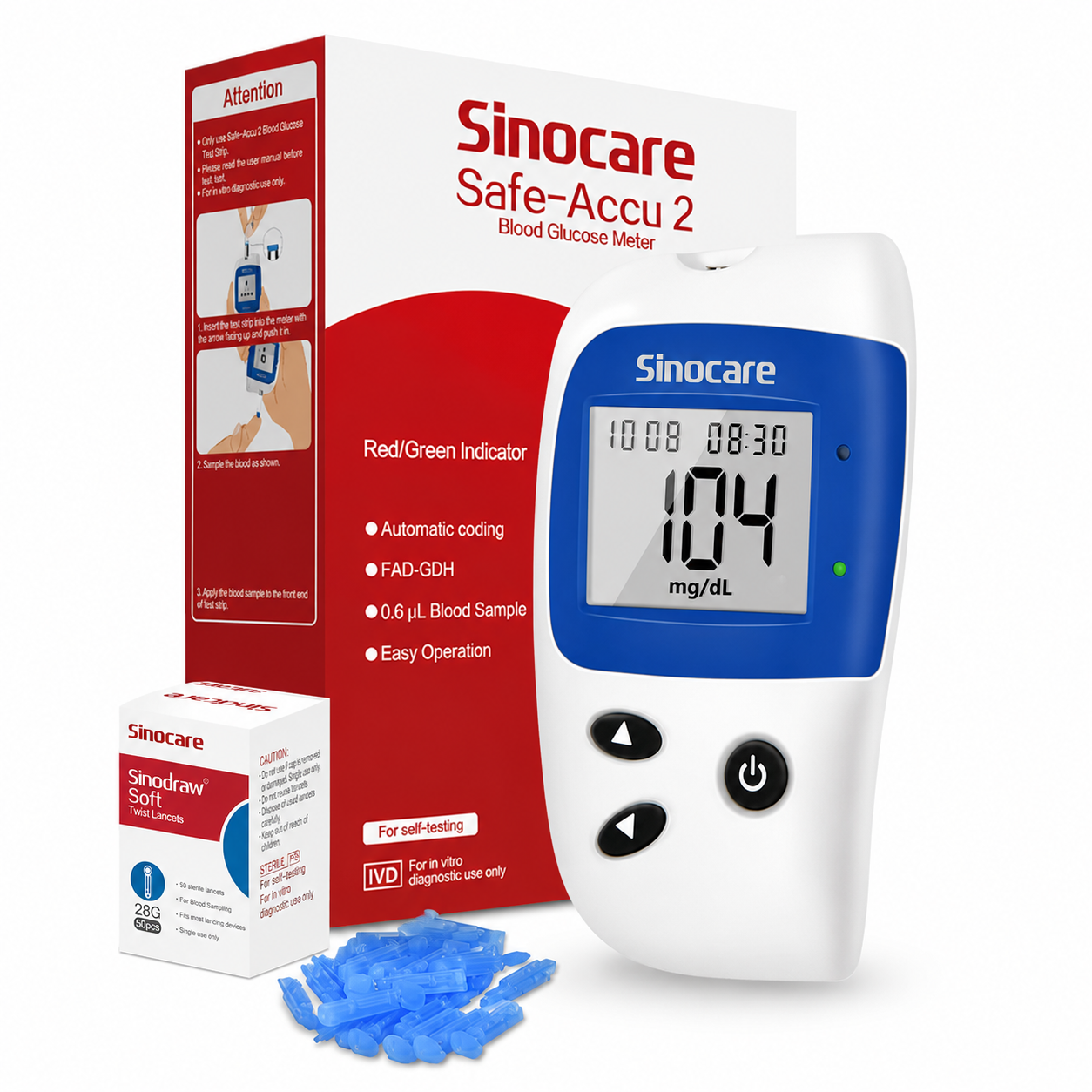 Sinocare Safe-Accu2 Blood Glucose Monitor Kit mg/dL