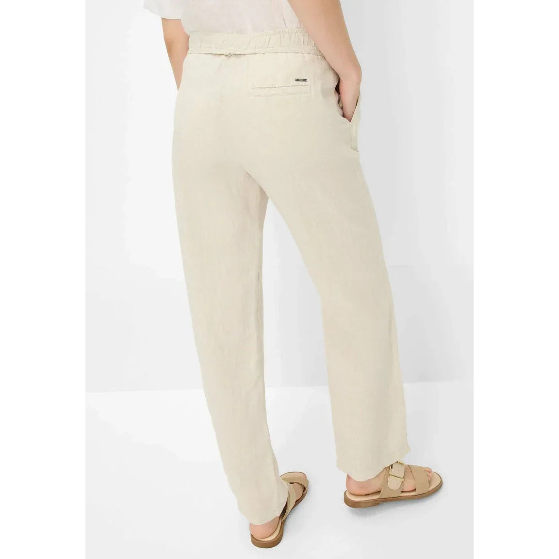 BRAX Farina Light Beige Linen Trousers - Elastic Waist, Straight Leg - Gomix Brands Outlet