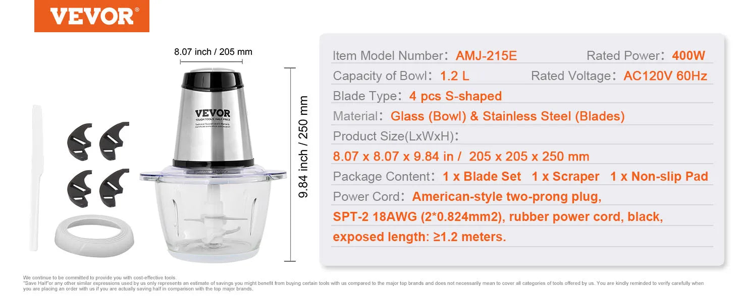 VEVOR 5-Cup Electric Food Processor: Glass Bowl, Powerful Chopping, Meat Grinder