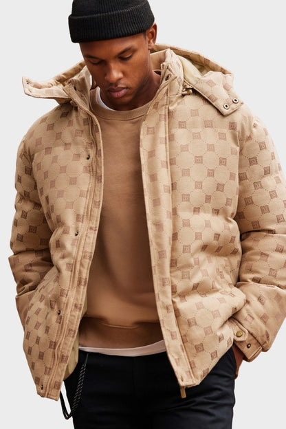 Men's Stylish Jacquard Pattern Puffer Jacket - Warm Insulated Brown Winter Coat