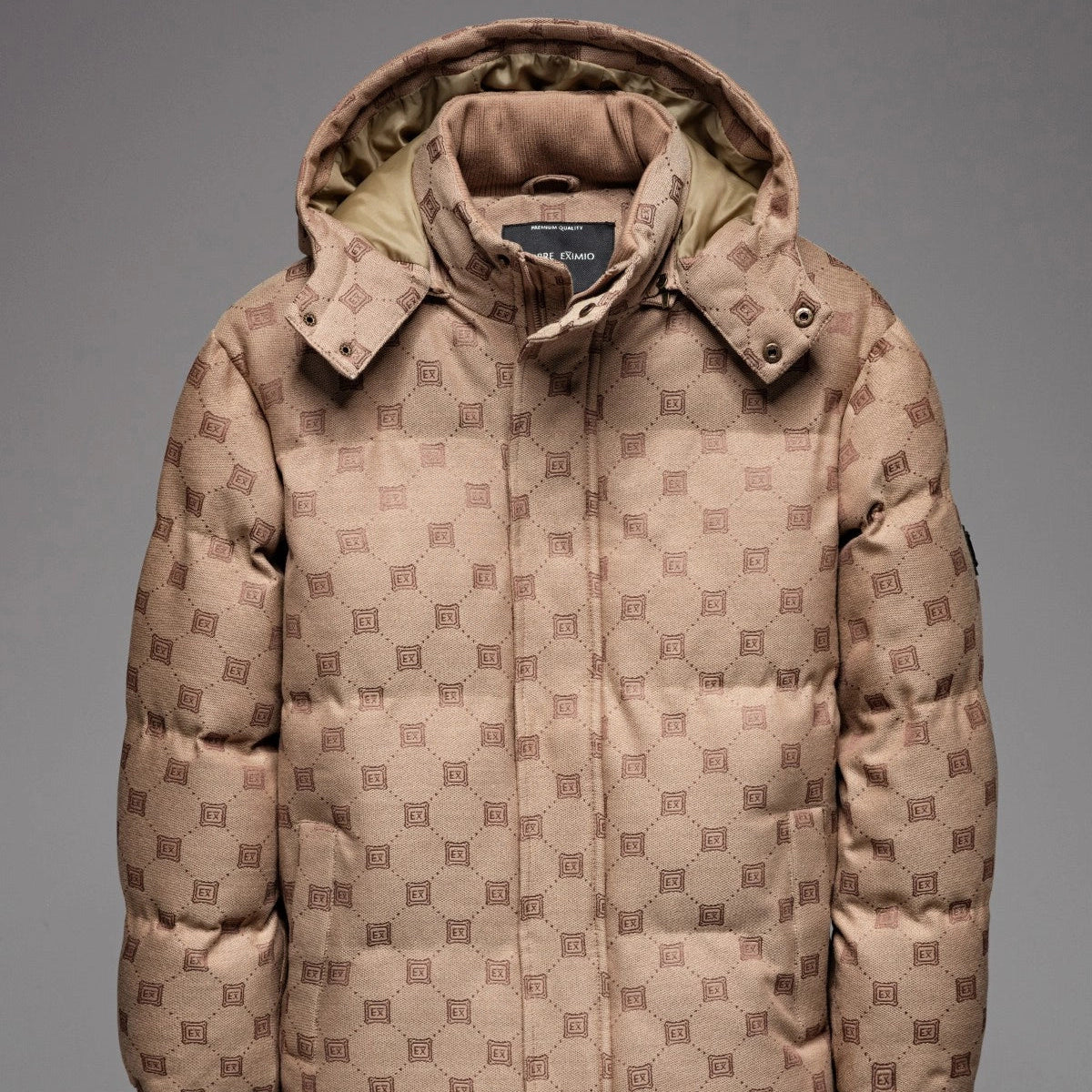 Men's Stylish Jacquard Pattern Puffer Jacket - Warm Insulated Brown Winter Coat