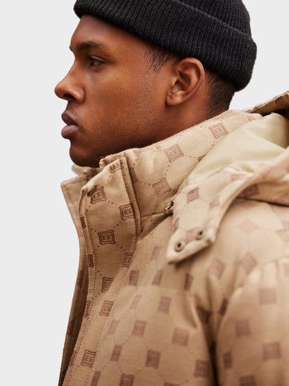 Men's Stylish Jacquard Pattern Puffer Jacket - Warm Insulated Brown Winter Coat