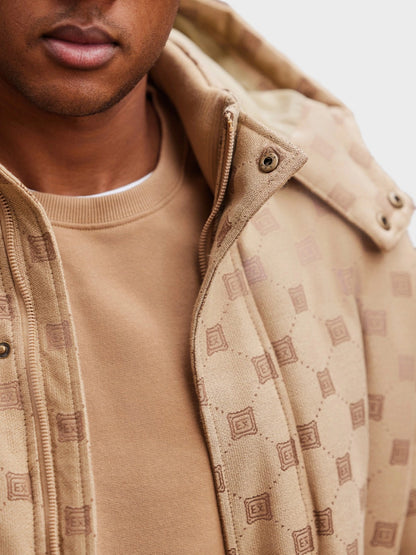 Men's Stylish Jacquard Pattern Puffer Jacket - Warm Insulated Brown Winter Coat