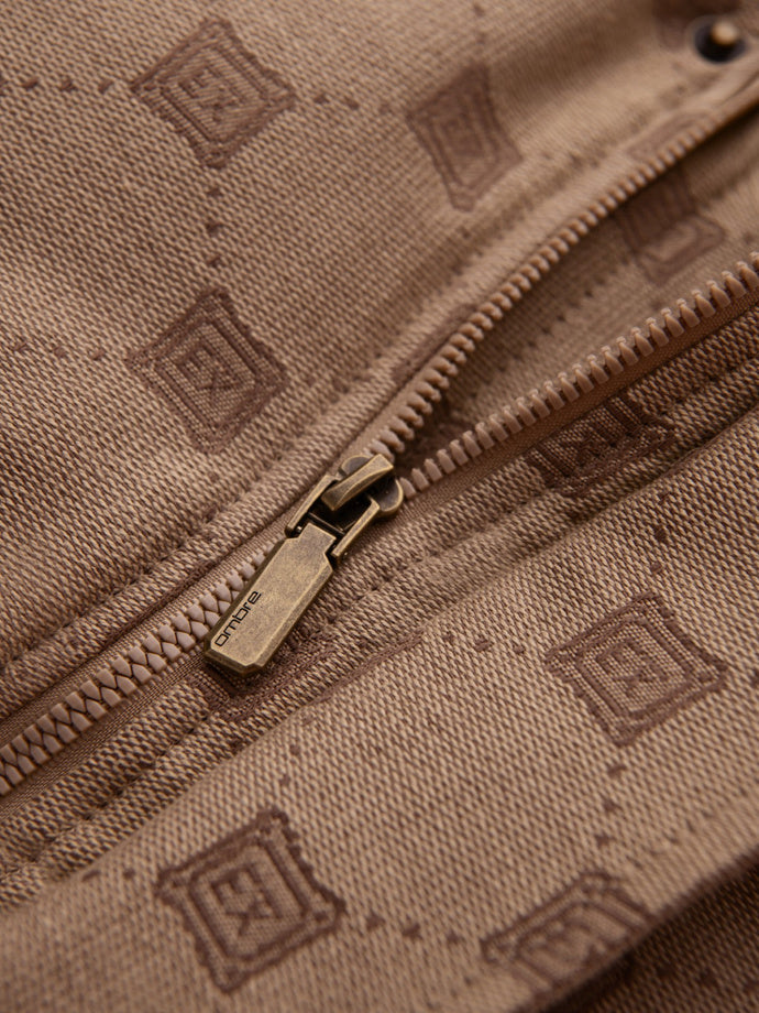 Men's Stylish Jacquard Pattern Puffer Jacket - Warm Insulated Brown Winter Coat