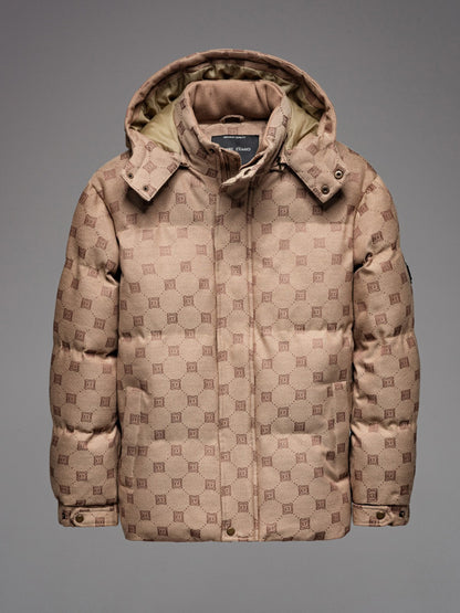 Men's Stylish Jacquard Pattern Puffer Jacket - Warm Insulated Brown Winter Coat