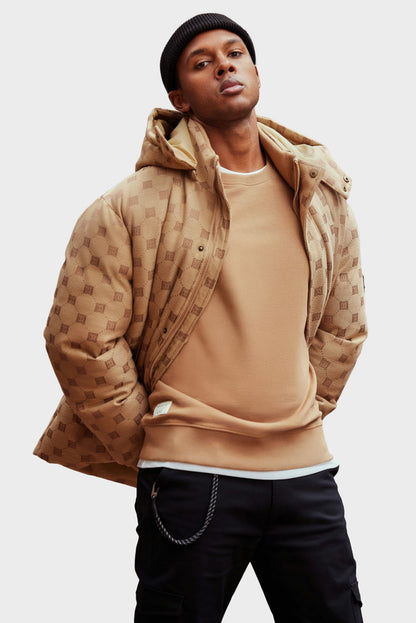 Men's Stylish Jacquard Pattern Puffer Jacket - Warm Insulated Brown Winter Coat