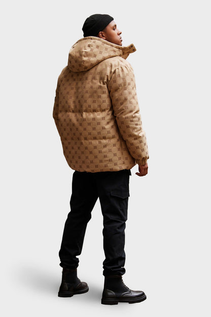 Men's Stylish Jacquard Pattern Puffer Jacket - Warm Insulated Brown Winter Coat