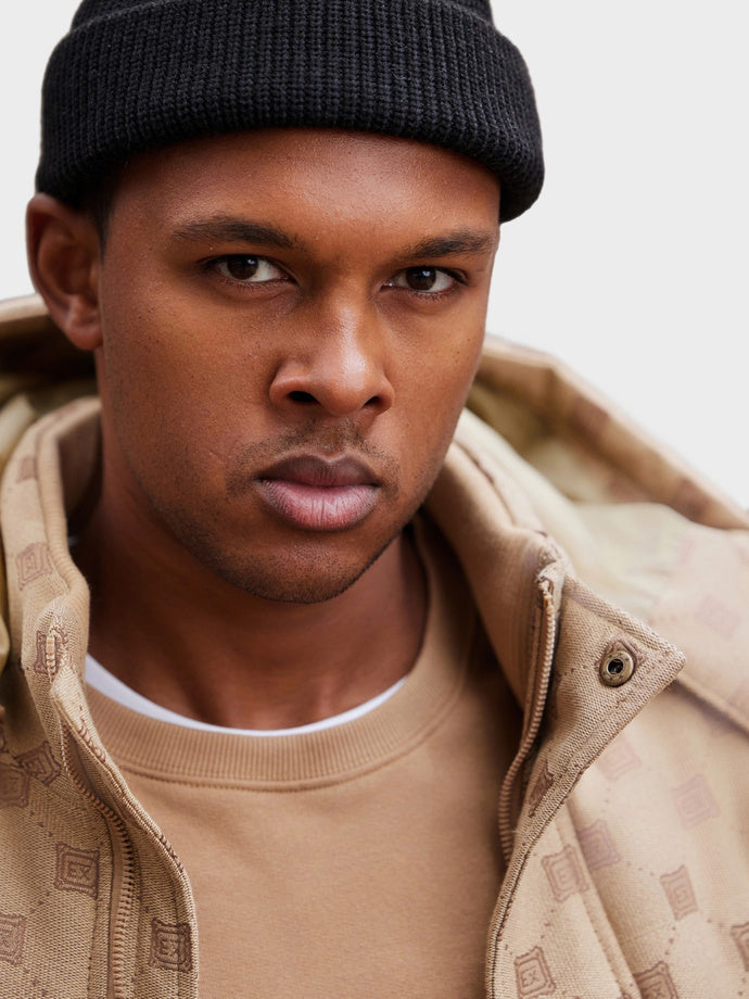 Men's Stylish Jacquard Pattern Puffer Jacket - Warm Insulated Brown Winter Coat