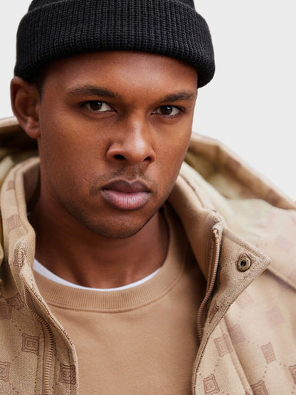 Men's Stylish Jacquard Pattern Puffer Jacket - Warm Insulated Brown Winter Coat