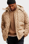 Men's Stylish Jacquard Pattern Puffer Jacket - Warm Insulated Brown Winter Coat