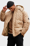 Men's Stylish Jacquard Pattern Puffer Jacket - Warm Insulated Brown Winter Coat