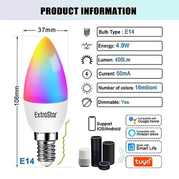 ExtraStar E14 4.9W WiFi Smart LED Bulb, RGB Dimmable with Voice Control - Gomix Brands Outlet