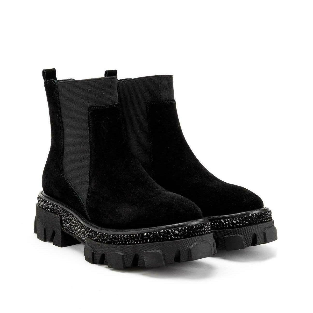 Alma en Pena Black Suede Studded Platform Ankle Boots with Elastic Inserts