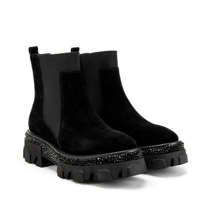 Alma en Pena Black Suede Studded Platform Ankle Boots with Elastic Inserts