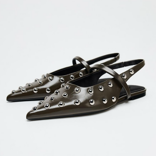 Brown Pointed-Toe Bridge Strap Slingback Studded Vegan Leather Flats
