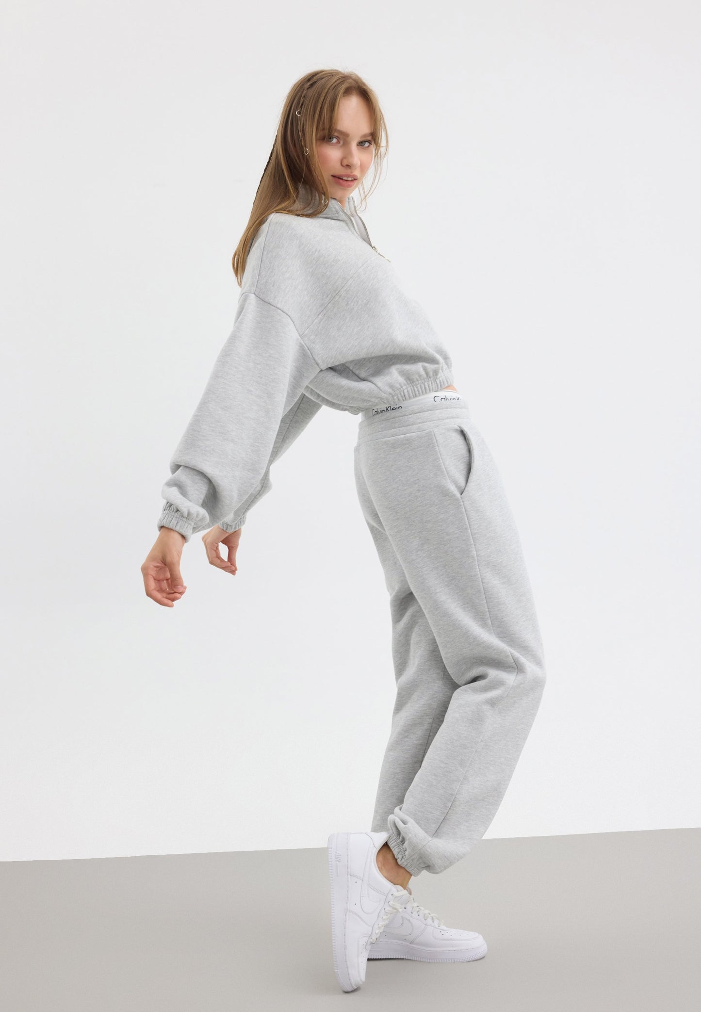 Even&Odd Women's Mottled Light Grey Cotton Blend Zip-Neck Tracksuit Set