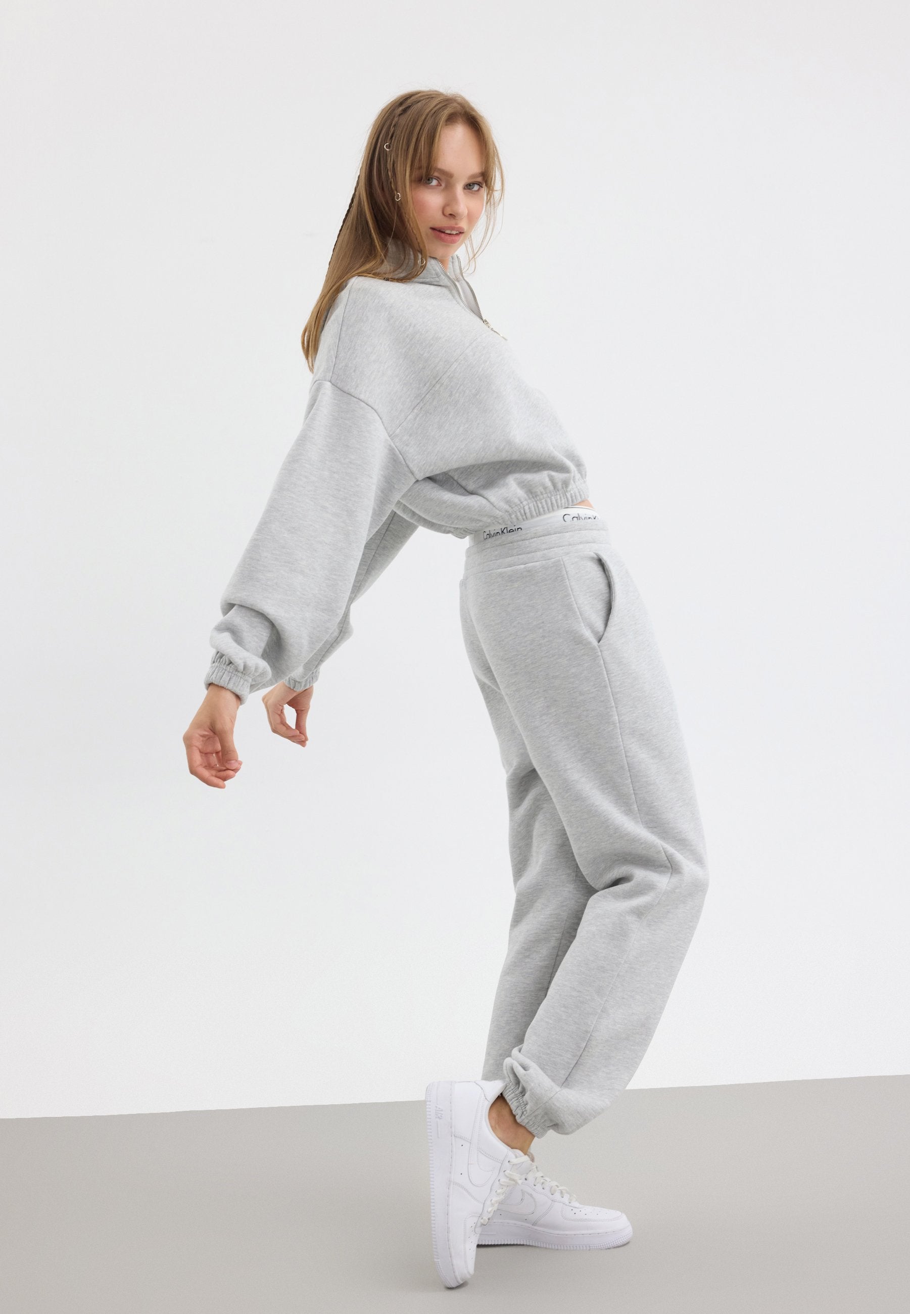 Even&Odd Women's Mottled Light Grey Cotton Blend Zip-Neck Tracksuit Set