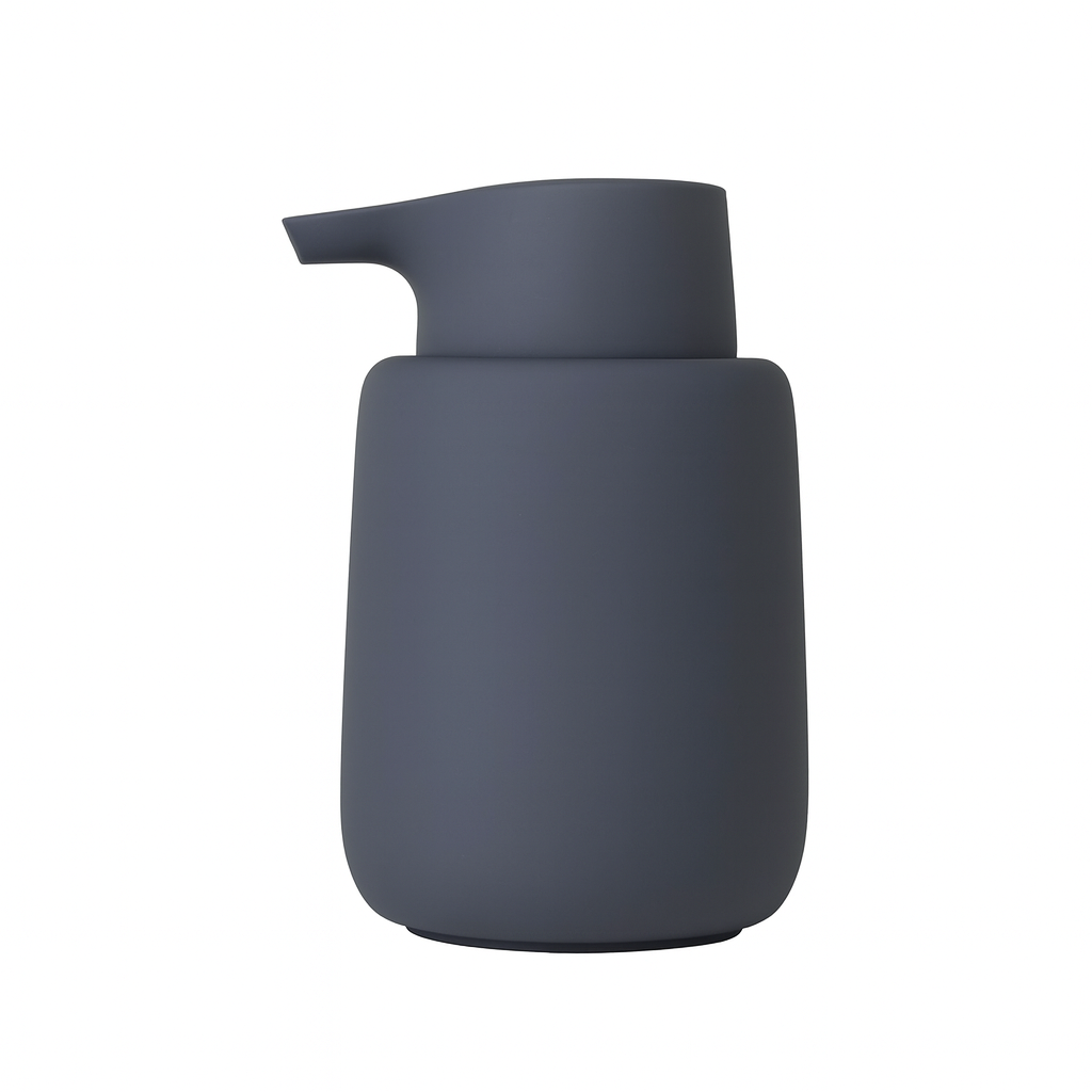 Dark gray soap dispenser on a white background
