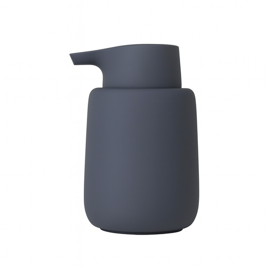 Dark gray soap dispenser on a white background
