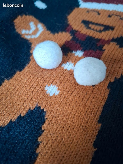 Cozy Gingerbread Man Christmas Sweater for Kids - Plush Pom-Poms, Navy 12 Year