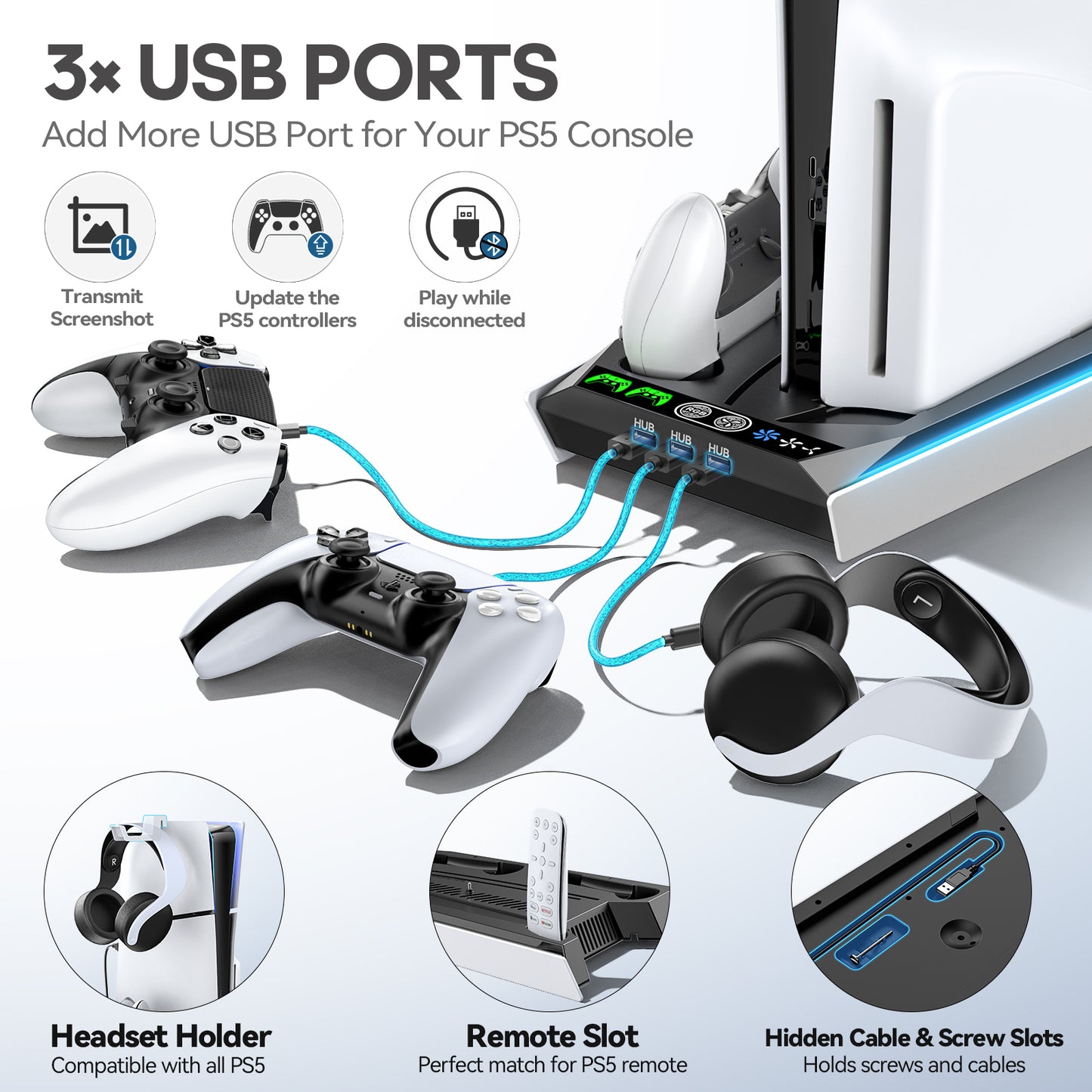 Kytok PS5 Slim Stand Cooling Station with Controller Charger & RGB Lighting Black