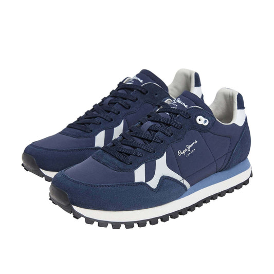 Pepe Jeans Brit-On Navy Blue Suede Mesh Athletic Trainers Fashion Sneakers
