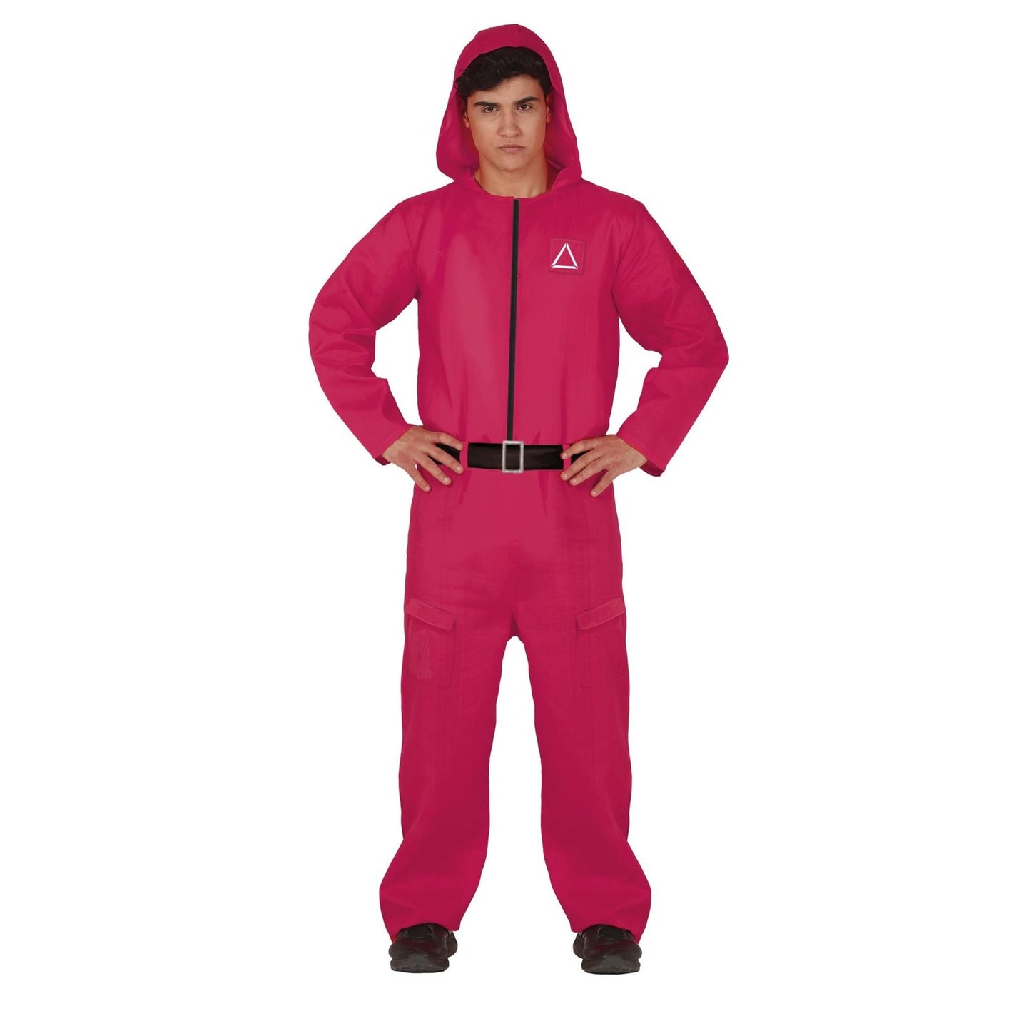 Vibrant Red Game Guard Jumpsuit Costume for Men - Hooded & Iconic Symbols