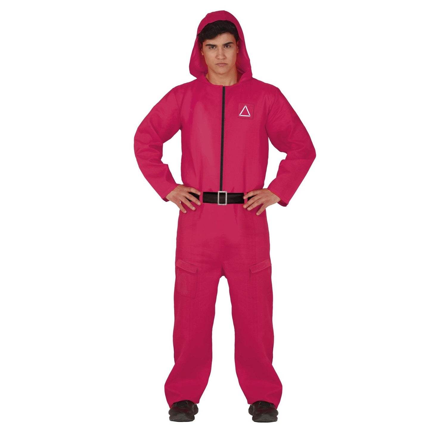 Vibrant Red Game Guard Jumpsuit Costume for Men - Hooded & Iconic Symbols