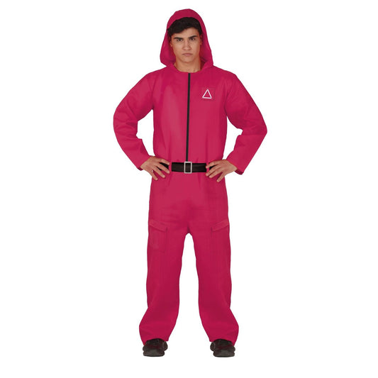 Vibrant Red Game Guard Jumpsuit Costume for Men - Hooded & Iconic Symbols