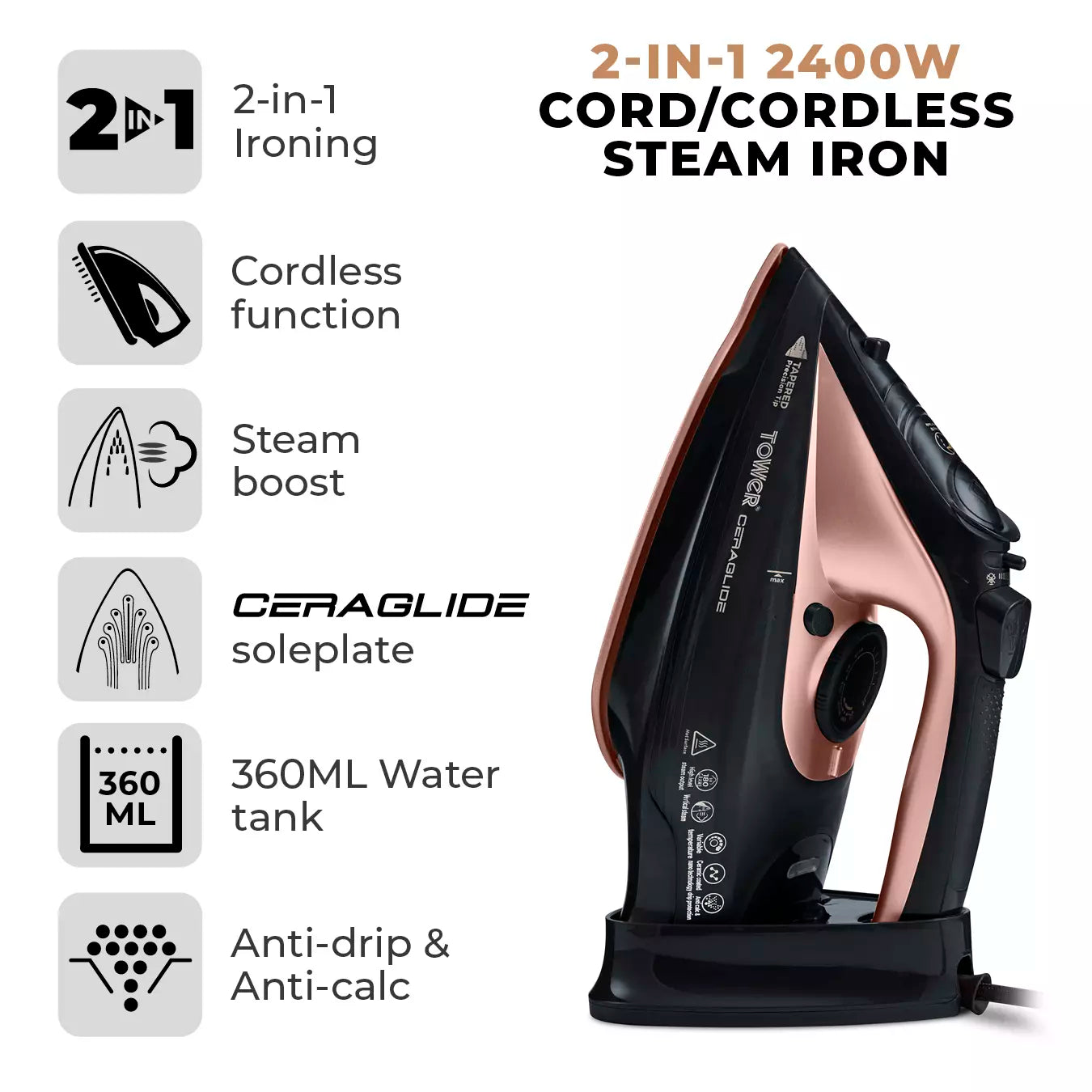 Tower T22008RG Cordless Steam Iron Ceramic Sole