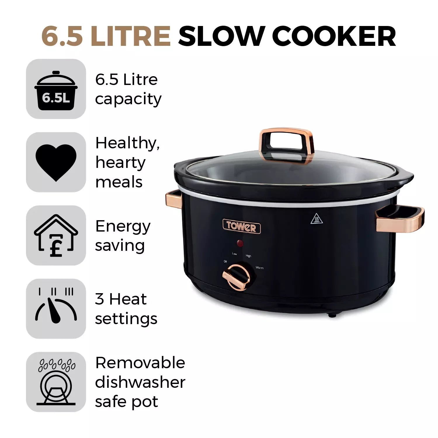 Tower Infinity Collection 6.5L Stainless Steel Slow Cooker Rose Gold T16019RG
