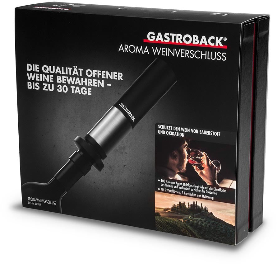 Gastroback wine lock packaging with product image and text on a black background