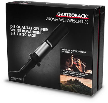 Gastroback wine lock packaging with product image and text on a black background