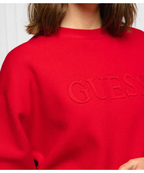 Women's Guess Underwear Red Embossed Logo Loose Fit Crewneck Sweater
