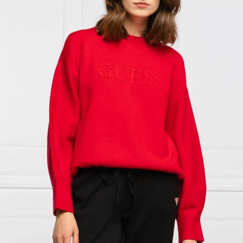 Women's Guess Underwear Red Embossed Logo Loose Fit Crewneck Sweater