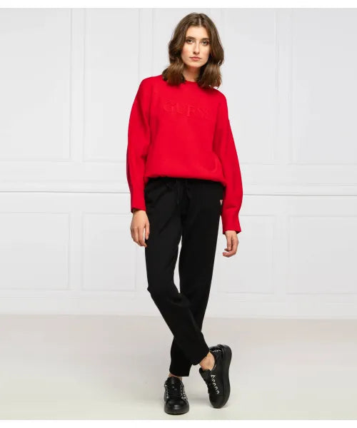Women's Guess Underwear Red Embossed Logo Loose Fit Crewneck Sweater