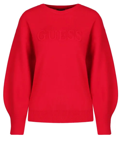 Women's Guess Underwear Red Embossed Logo Loose Fit Crewneck Sweater