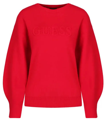 Women's Guess Underwear Red Embossed Logo Loose Fit Crewneck Sweater