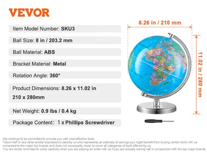 VEVOR 8-Inch Educational Rotating World Globe with Stand, Time Zone, ABS Material