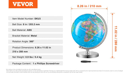 VEVOR 8-inch Educational Rotating World Globe with Stand & Time Zone Dial