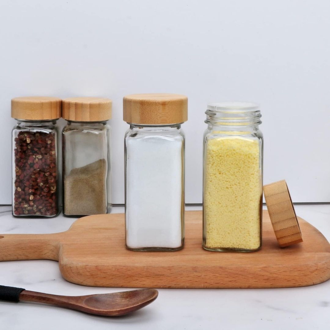 24-Piece Square Glass Spice Jar Set with Bamboo Lids