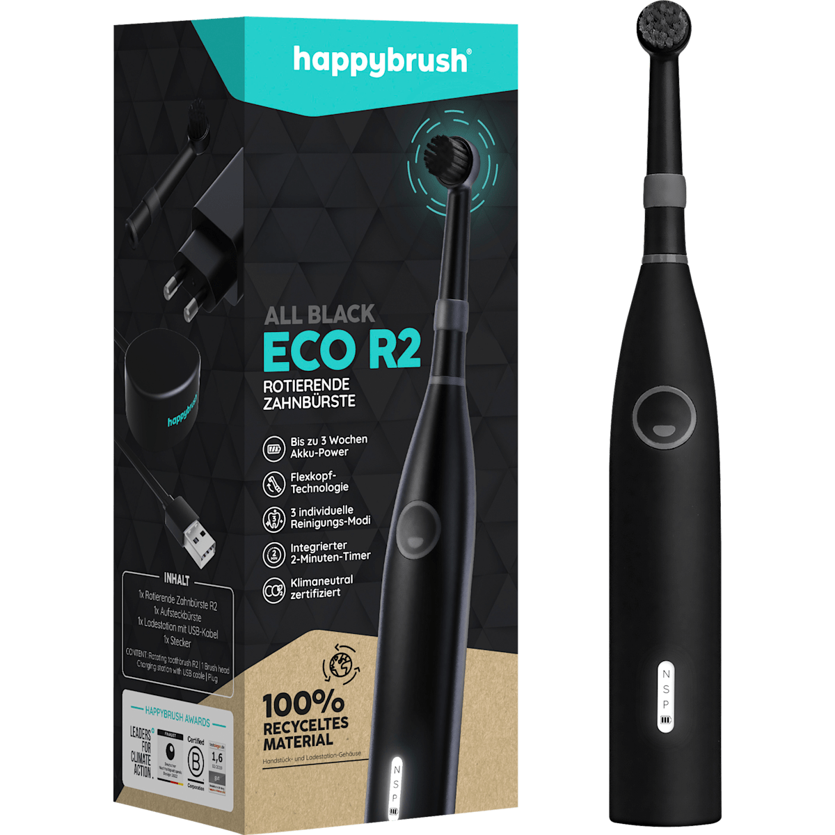 happybrush Eco R2 Black Electric Toothbrush with 3 Modes and 40k Vibrations