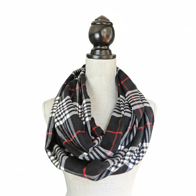 Handmade Black Red Plaid Flannel Infinity Scarf – Cozy Gift