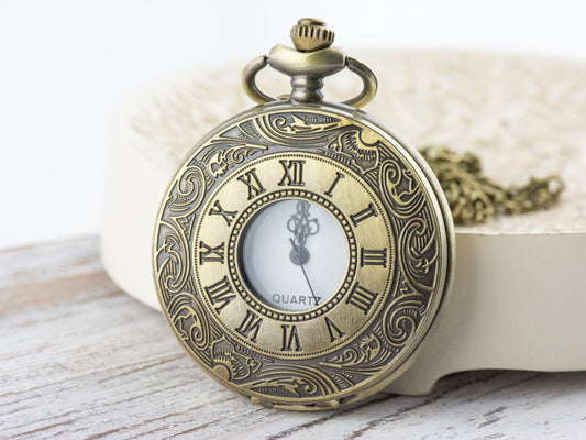 Antique Bronze Pocket Watch with Long Chain – Roman Numerals
