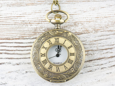 Antique Bronze Pocket Watch with Long Chain – Roman Numerals