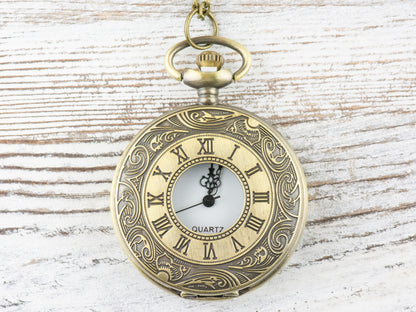 Antique Bronze Pocket Watch with Long Chain – Roman Numerals