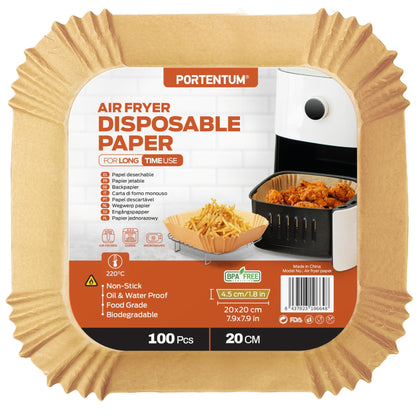 PORTENTUM Air Fryer Paper 100 Sheets 20-24 cm Square Food-Grade
