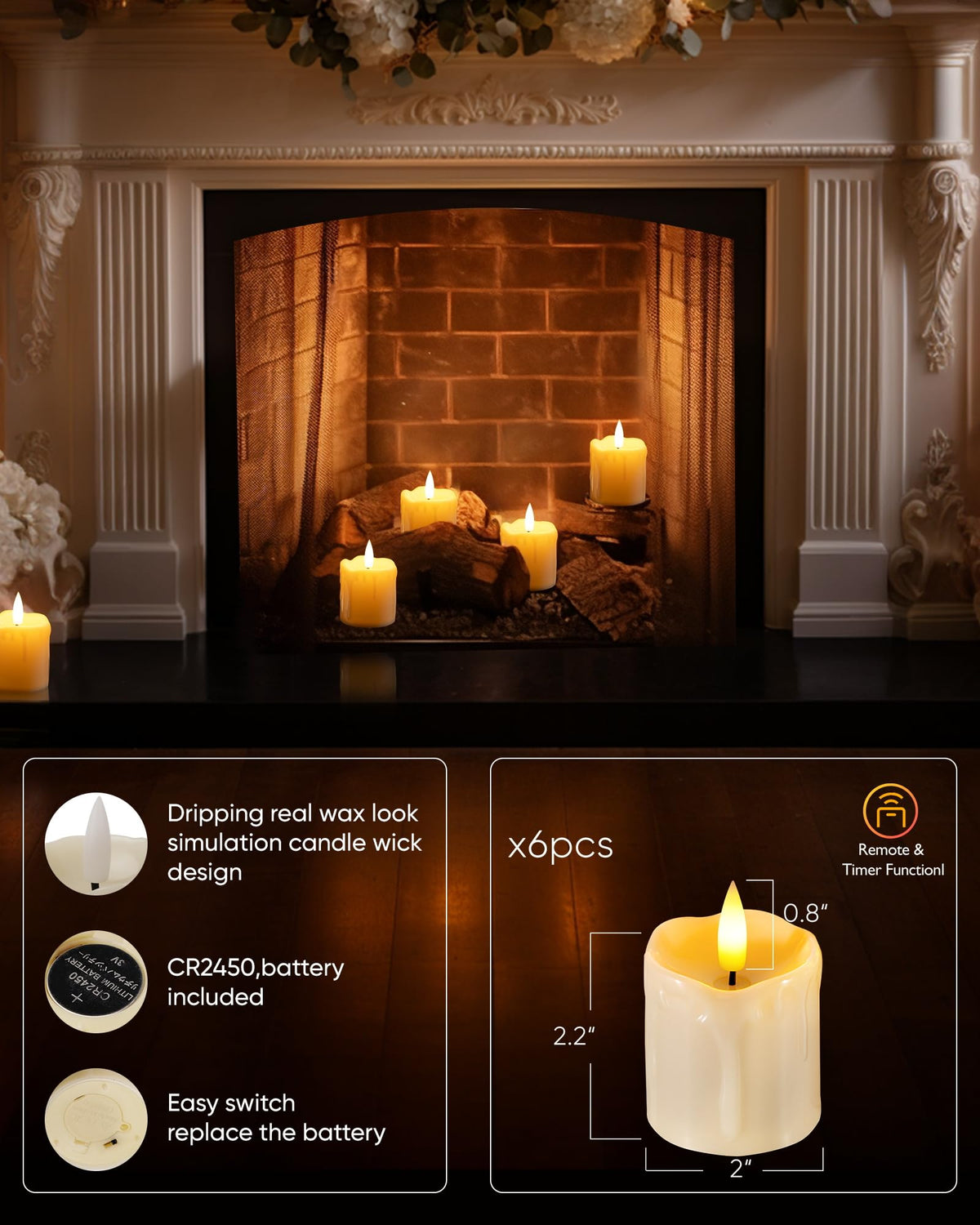 Homemory 5.1x5.1cm Timer Remote Flickering Flameless Votive Candles 6-Pack